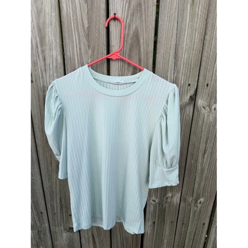 Cottagecore AnnieWear Puff Sleeve Top Size M Sage Green Ribbed Knit Crewneck